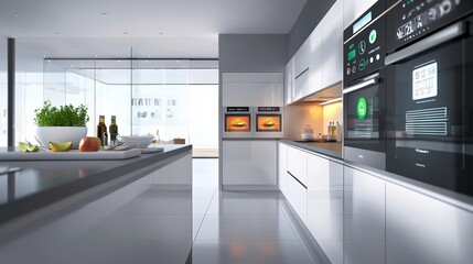 Contemporary kitchen with energy-saving appliances and smart meters, promoting a sustainable lifestyle