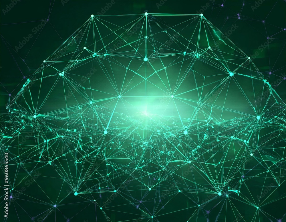 Poster abstract polygonal background from lines, dots and glowing particles with plexus effect
