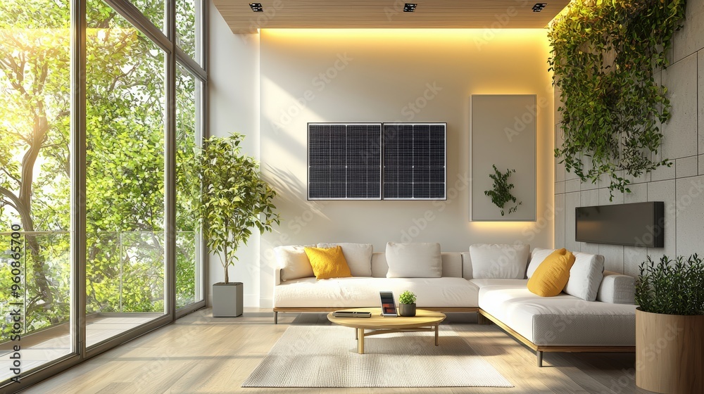 Wall mural Contemporary living room with solar-powered gadgets and LED lighting, promoting clean energy