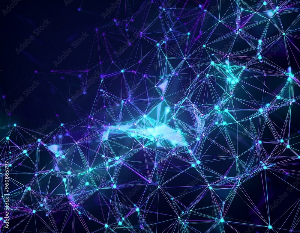 Poster abstract polygonal background from lines, dots and glowing particles with plexus effect