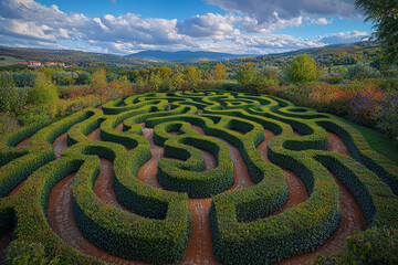 A labyrinthine hedge maze in a formal garden, capturing the intrigue and challenge of navigating complex outdoor spaces. Concept of maze gardens and landscape design.