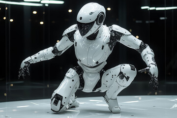 Fototapeta premium A high-tech robot performing a complex dance routine, capturing the blend of technology and performance art. Concept of robotics and entertainment.
