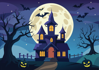 a halloween haunted house with a full moon and bats