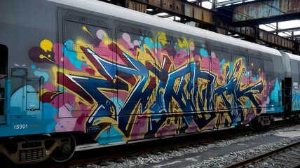 Colorful Graffiti on Train Car in Industrial Setting