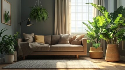 Cozy living room with eco-friendly furniture and energy-efficient heating, reducing carbon footprint