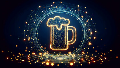 Abstract Digital Mesh: Glowing Beer Mug Outline on Dark Background - Creative Beverage Concept with Rotating Camera Movement