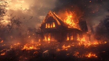 Fototapeta premium Burning country home at night, panicked animals escaping in all directions, glowing embers in the air, vivid colors, high detail, insurance scene, realism, low angle shot