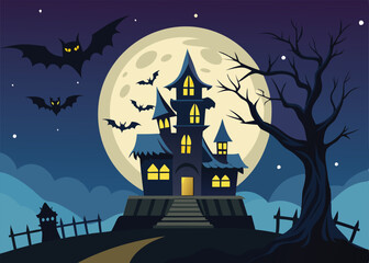 a halloween haunted house with a full moon and bats