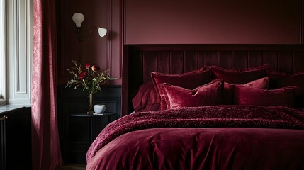 Captivating Bedroom Retreat with Burgundy Walls and Ruby Red Bedding Showcasing a Warm and Sophisticated Interior Design