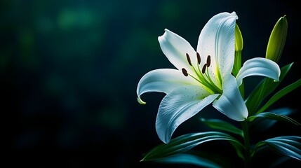 Fototapeta premium White lily with delicate petals unfurling in the dark, soft ethereal glow surrounding the flower, Fantasy, Low-key lighting, Dreamlike