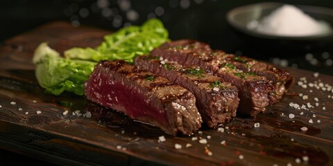 Close-up of a grilled dry-aged beef entrec&Atilde;&fnof;&Acirc;&acute;te served with lettuce and salt on a burnt wooden platter.