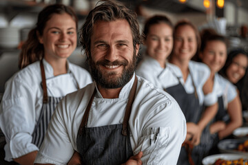 Fototapeta premium Group Of Chefs In Kitchen Smiling Team Of Cooks Wearing White Uniforms Professional Cooking Staff