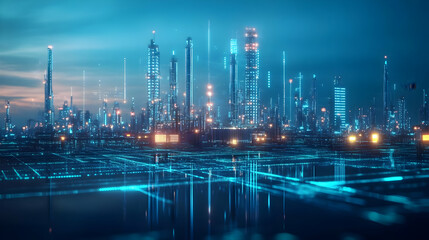Futuristic Cityscape with Digital Network and Glow Lights