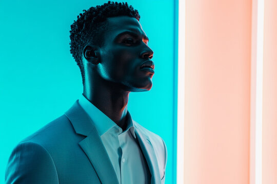 Trendsetting Men in Light Gray Suit with Solid Neon Aqua Background Fashion Portrait with Elegant Appeal