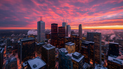 Fototapeta premium Toronto Cityscape at Sunset with Dramatic Sky and Snow