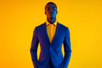 Modern Men in Navy Blue Suit with Solid Neon Yellow Background Fashion Portrait with Trendsetting Style