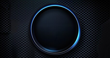 A sleek, dark circular design with a glowing blue outline on a textured background, suggesting a modern tech aesthetic.