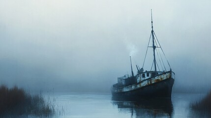 Naklejka premium A weathered fishing boat in a misty river at dawn, evoking a sense of calm and nostalgia.