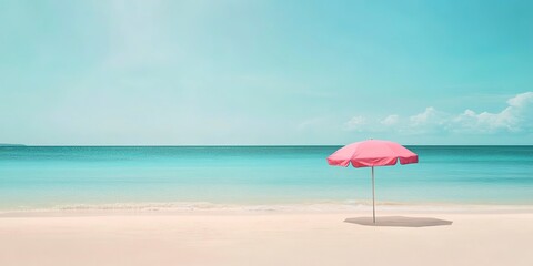 sea and beach, with pink beach umbrella on the land
