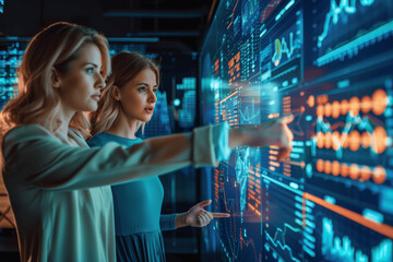 Women Analyzing Data On Interactive Digital Screens In High Tech Environment