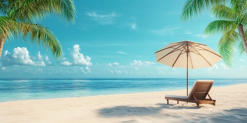 Umbrella with palm trees and sand summer beach chair