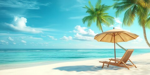 Obraz premium Umbrella with palm trees and sand summer beach chair. 