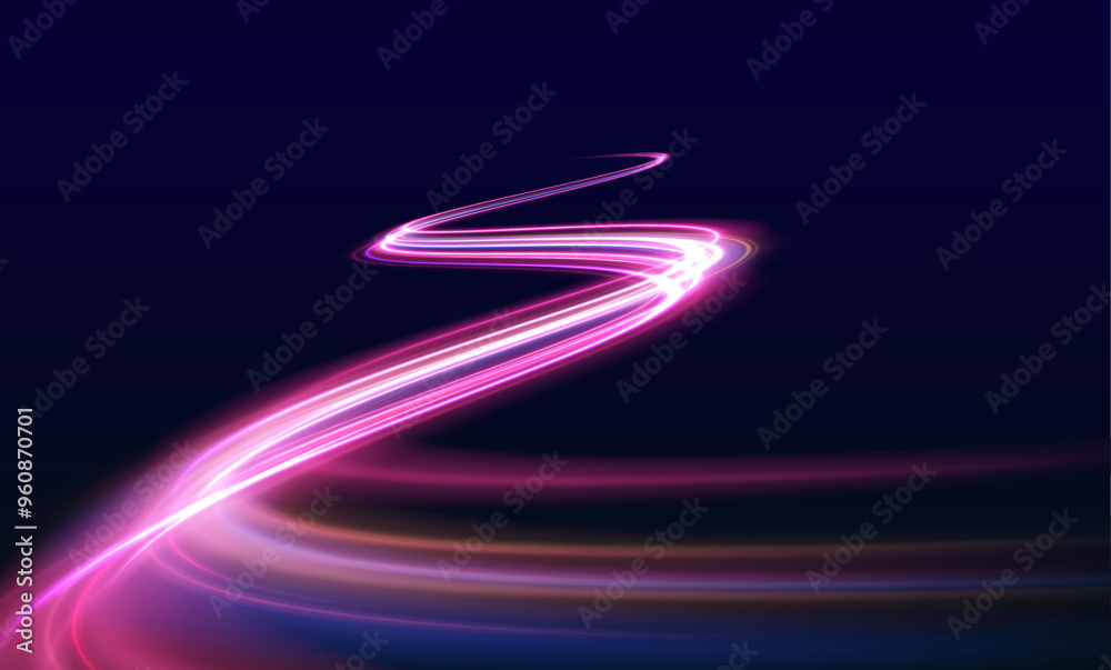 Poster  Low-poly construction of fine lines. Abstract long exposure dynamic speed light trails background. Speed connection vector background. Expressway, the effect of car headlights.