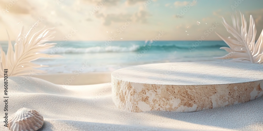 Sticker Summer sand and sea product placement background with empty flat stone podium