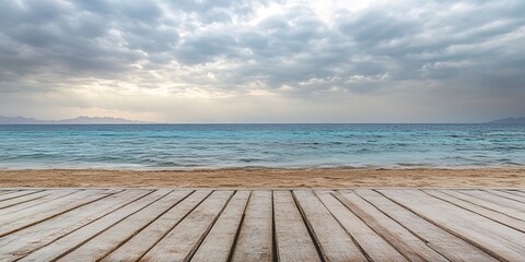 Fototapeta premium wooden floor on sandy beach of the red sea in cloudy morning --ar 2:1 --v 6.1 Job ID: 0dc309c2-7aab-4354-a15a-4c3507d1821a