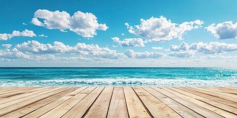 Fototapeta premium empty wooden flooring deck in front and blue summer sky with clouds and sea or ocean with turquoise water and waves in the background summer vacation sea shoreline with deck floor