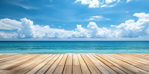 Fototapeta premium empty wooden flooring deck in front and blue summer sky with clouds and sea or ocean with turquoise water and waves in the background summer vacation sea shoreline with deck floor