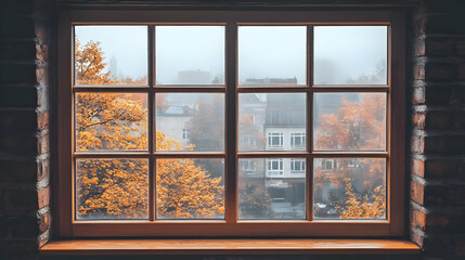 Autumn Leaves Through a Window on a Foggy Day