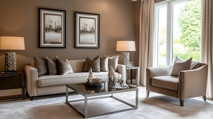 Tranquil Taupe Colored Living Space with Tasteful Modern Furnishings and Serene Soothing Ambiance  Comfortable Peaceful Home Interior Design