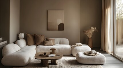 Warm and Inviting Taupe Color Scheme Showcased in a Cozy and Minimalist Living Room Interior Design with Matching Furniture and Clean Simple Aesthetic