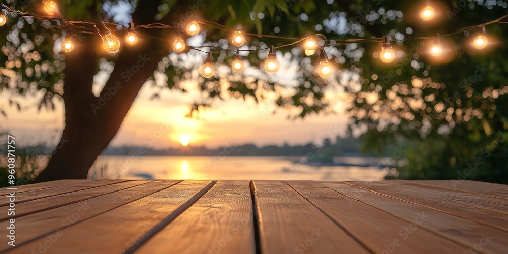 Canvas Prints empty Wood table top with decorative outdoor string lights hanging on tree in the garden , Daylight saving time end, real estate concept and blurred landscape of river beach Blue sky with sunset 