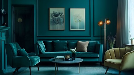 Soothing Teal Toned Living Room with Minimalist Decor and Cozy Ambiance A tranquil and serene interior design showcasing a modern teal colored living space with a calming and inviting atmosphere