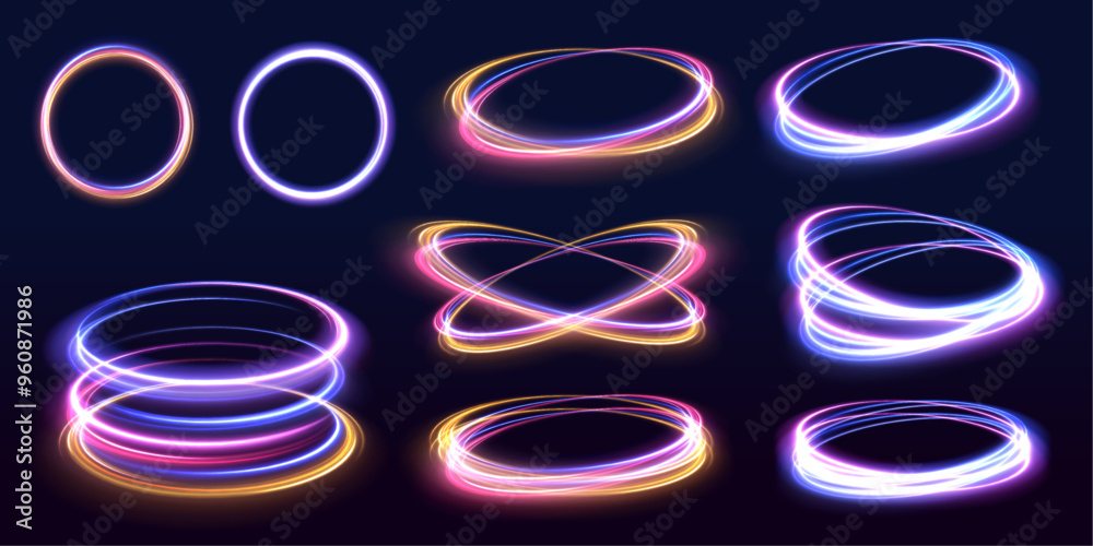 Poster Set of neon blurry light circles at motion. Energy flow tunnel. Blue portal, platform. Magic circle vector swirl trail effect. 