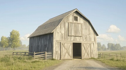 A rustic wooden barn stands peacefully in a green field under a clear blue sky.