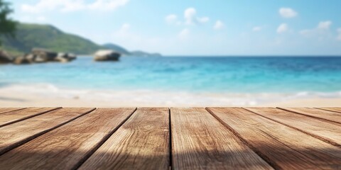 Fototapeta premium empty wooden planks with blur beach and sea on background 