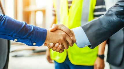 "Successful Agreement: Contractor and Foreman Shaking Hands on a Partnership Deal for a New Project"