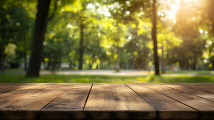 Wooden Tabletop with Blurred Park Background