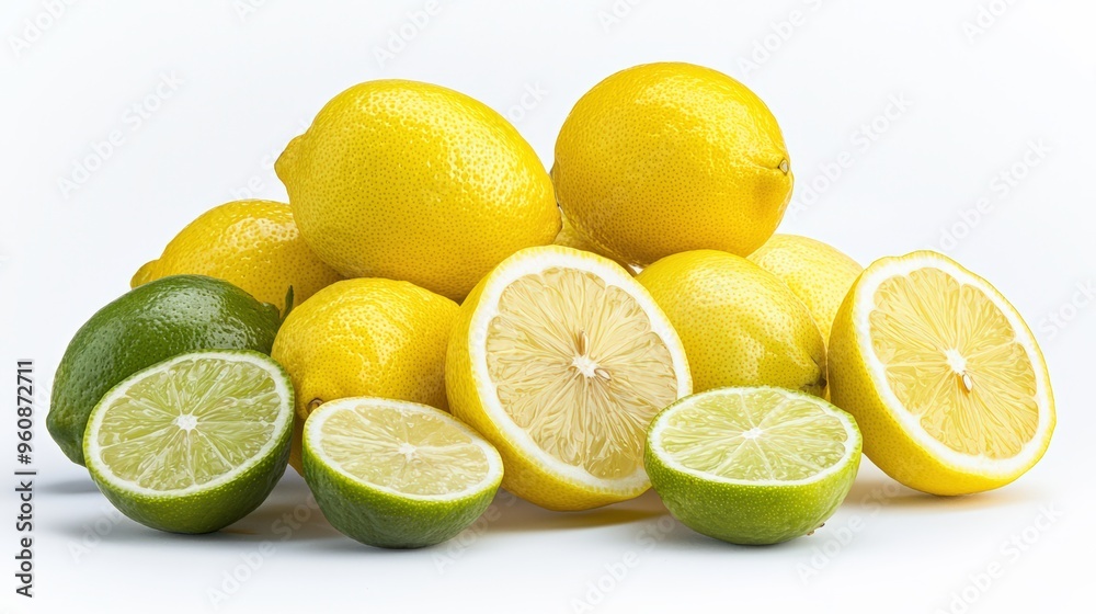 Sticker Fresh lemons and limes, whole and sliced, with their vibrant yellow and green colors, isolated on a white background