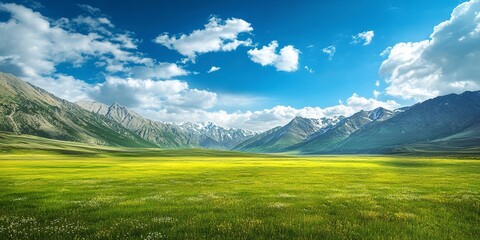 Obraz premium majestic mountain range with expansive meadow and vibrant blue sky in scenic landscape graphy
