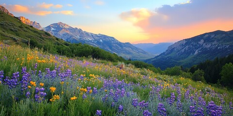 Fototapeta premium wild flowers and sunset at mt timpanogos in the rocky mountains of utah