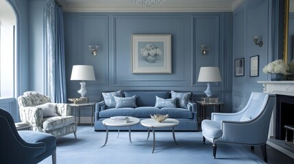 Tranquil and Cozy Living Room Showcasing Soft Powder Blue Hues with Plush Furniture Minimalist Decor and Stylish Decorative Accents Curating a Relaxing and Elegant Atmosphere