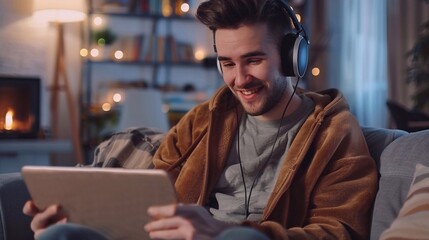 Fototapeta premium Man kicks back with laptop, lost in tunes through headphones. Tech relaxation.