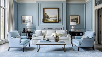 Inviting living room showcasing a calming powder blue color scheme with minimalist furniture and decor creating a soft serene and relaxing atmosphere