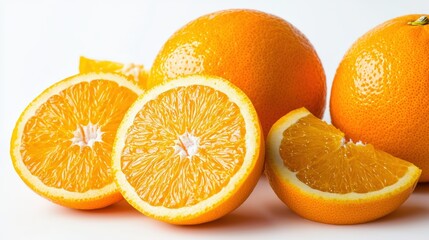 Fototapeta premium Freshly picked oranges, whole and sliced, highlighting their vibrant color and juiciness, isolated on white
