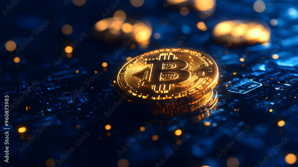 Sticker golden bitcoin cryptocurrency on circuit board background