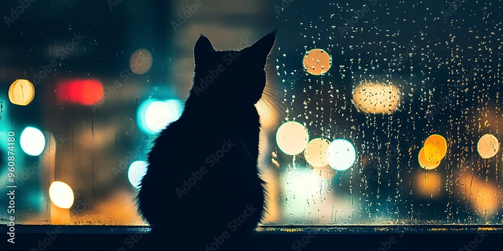 Canvas Prints Silhouette of a cat gazing out a rainy window at city lights.